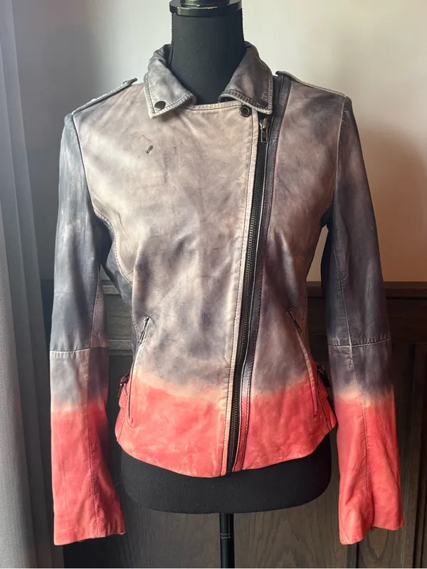 Muubaa Women's Gray-to-Coral Ombre Calf Skin Leather Moto Jacket US 6 - Image 7