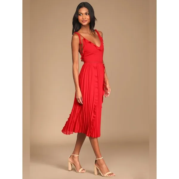 Lulus Never a Dull Moment Bright Red Tie-Strap Pleated Midi Dress Size XL Party - Image 3
