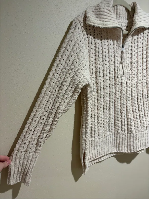 Aerie Cable Car Chenille 1/4 Quarter Zip Sweater Oversized Cream Size Small - Image 6