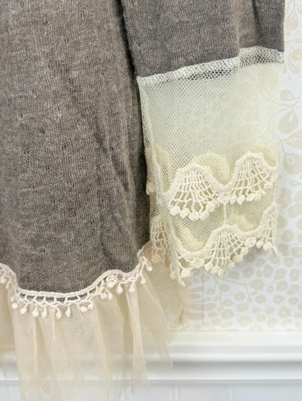 a'reve by Anthropologie Brown Lace Tule Trim Sweater - Size - Large - Image 6