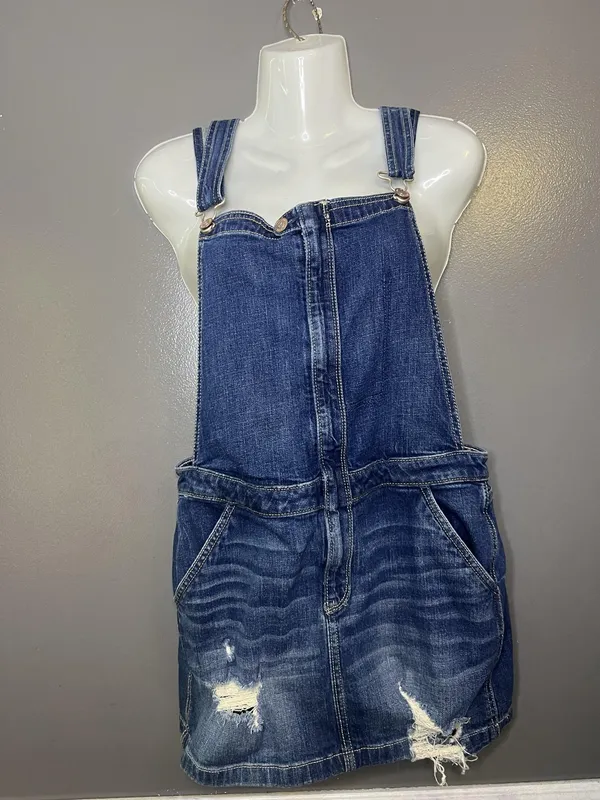 Hollister Denim Overall Dress Womens Medium Blue Skirtall Distressed Pockets - Image 2