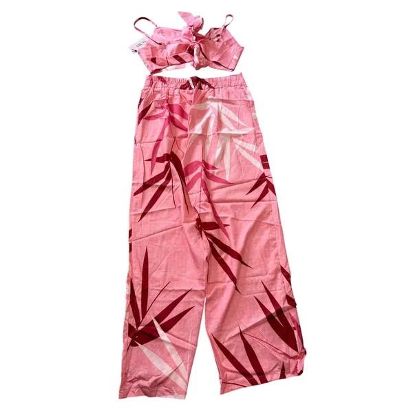 Micas Bamboo Leaf Print Knot Tropical Boho Resort Cami Top And Pants Set Pink XL - Image 4