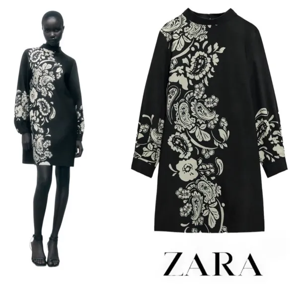 Zara Black Floral Paisley High Neck Minimalist Dress Bohemian Summer Gold Button - Image 9