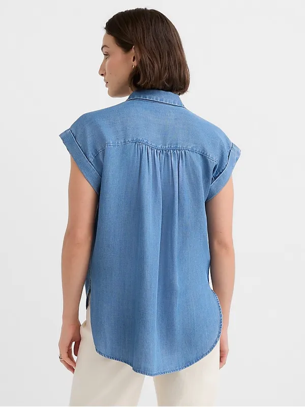 LOFT Chambray Short Sleeve Button Down Shirt Size Medium - Image 3