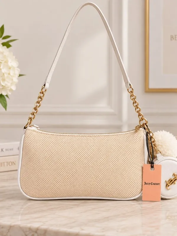Juicy Couture Beige Chenille Logo Baguette Bag Coin Pouch NWT - Image 4