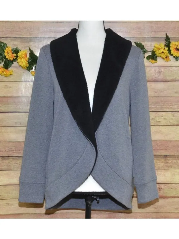 LL Bean Cardigan Jacket Womens M Gray Black Fleece Shawl Collar Open Front - Image 4