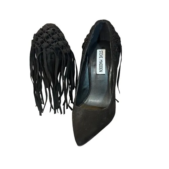 Steve Madden Tipsyy Black Suede Fringe Heels Sz 6 - Image 7