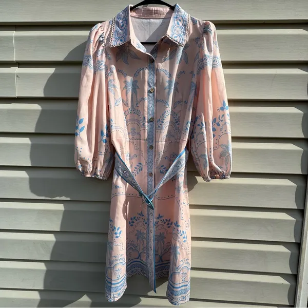 YOZY Pink Blue Palm Print Shirt Dress Belted Linen Blend Size L (8-10) - Image 2