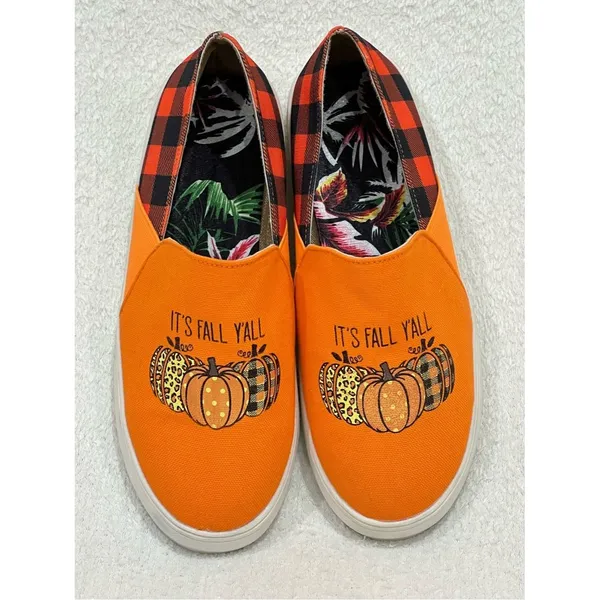 Orange Pumpkin “It’s Fall Y’all” Buffalo Plaid Canvas Slip On Sneakers Size 9.5 - Image 12