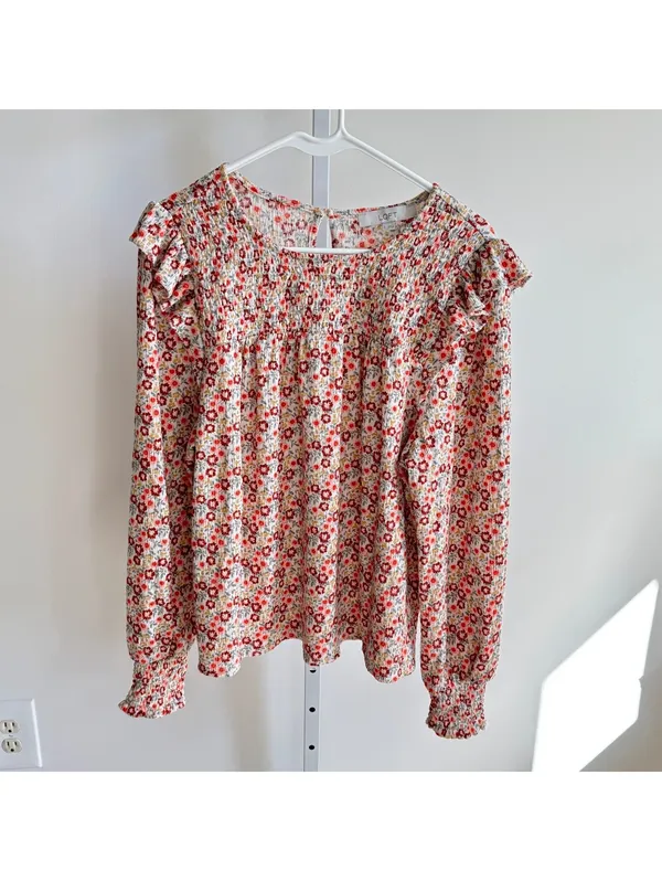 Loft EUC Women's Red Yellow Floral Smocked Ruffle Shoulder Knit Blouse Size L - Image 5