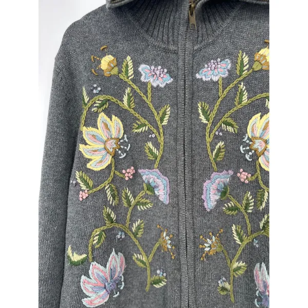 Vtg Tiara International Cardigan Women S Gray Floral Embroidered Grandma Cottage - Image 2