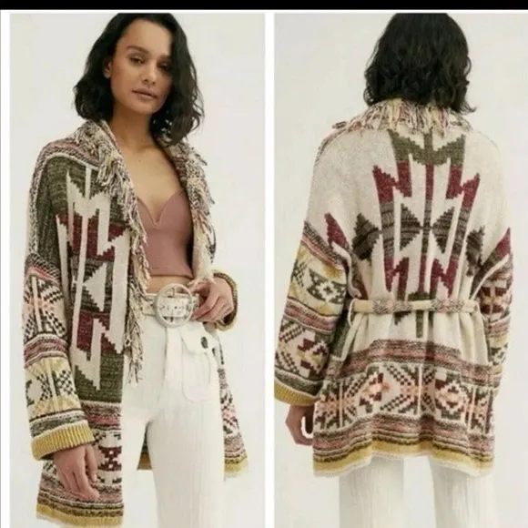 Free People Wild Wild West Southwest Belted Cardigan Size M/L Oversized - Image 3