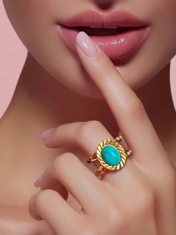 Women’s Stainless Steel Gold Tone Faux Turquoise Adjustable Ring Size 6-9 - Image 2