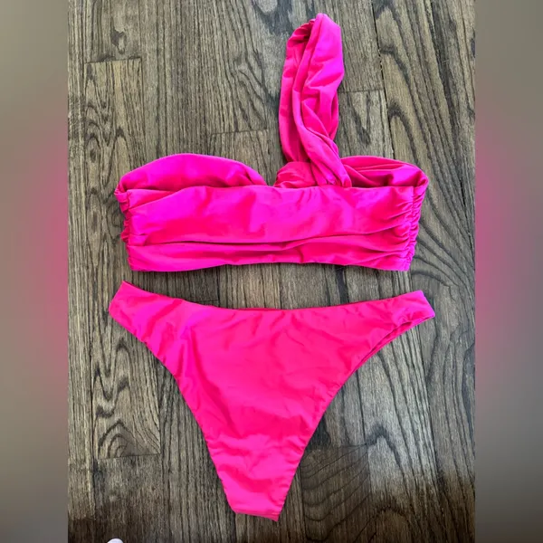 Tularosa Macey Bikini Set Berry Pink Women Large One Shoulder Asymmetrical Tie - Image 6