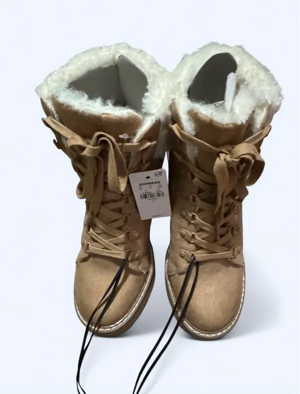 Express Faux Suede Shearling Lined Lace-Up Platform Heeled Booties 7 - Image 4
