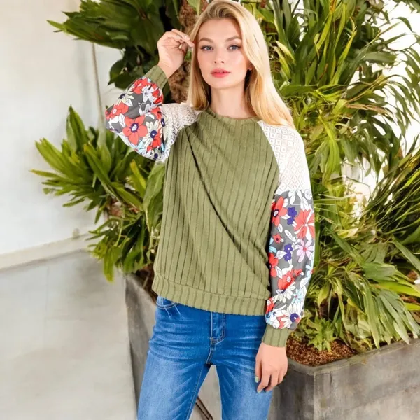 Olive Green Floral Patchwork Blouse Ribbed Lace Balloon Sleeve Whimsigoth XL - Image 7