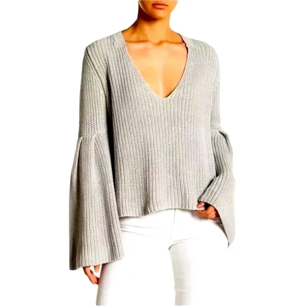 Free People Damsel Boxy Cream Chunky Knit Sweater Bell Sleeve Womens Small - Image 10