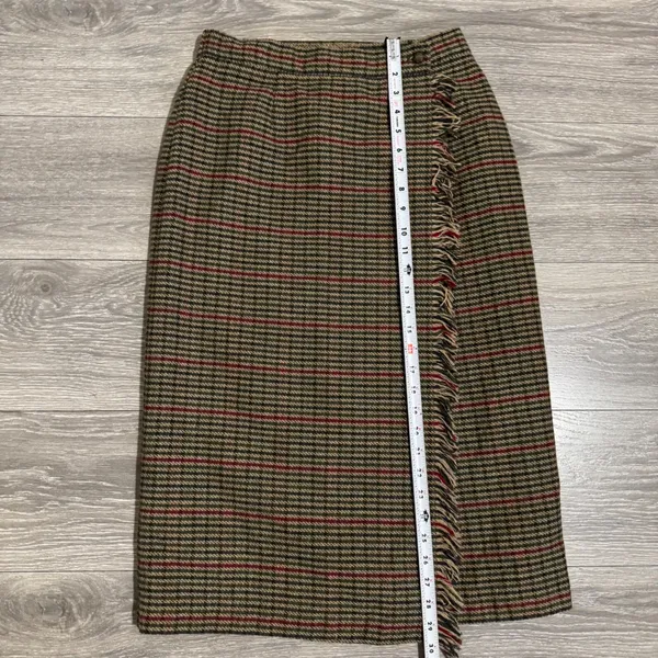 Vintage Luxury Lana Lee‎ Plaid Wool Blend Midi Skirt Sz XS Fringed Hem High Rise - Image 14