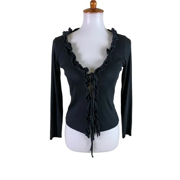 Nation LTD Medium Black Ribbed Ruffle Tie Front Long Sleeve Cardigan - Image 2