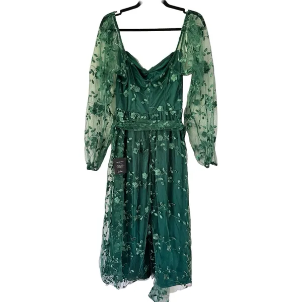 NWT Lulus Darling Charisma Emerald Mesh Embroidered Midi Dress Size Medium - Image 5