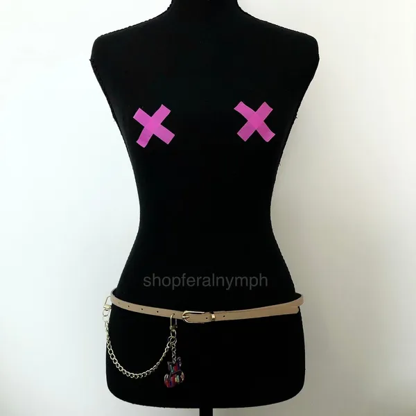 Tan Y2K Bookworm Cat Charm Skinny Chain Belt, Fits 33.5-35 Inches, X7GA1243 - Image 3