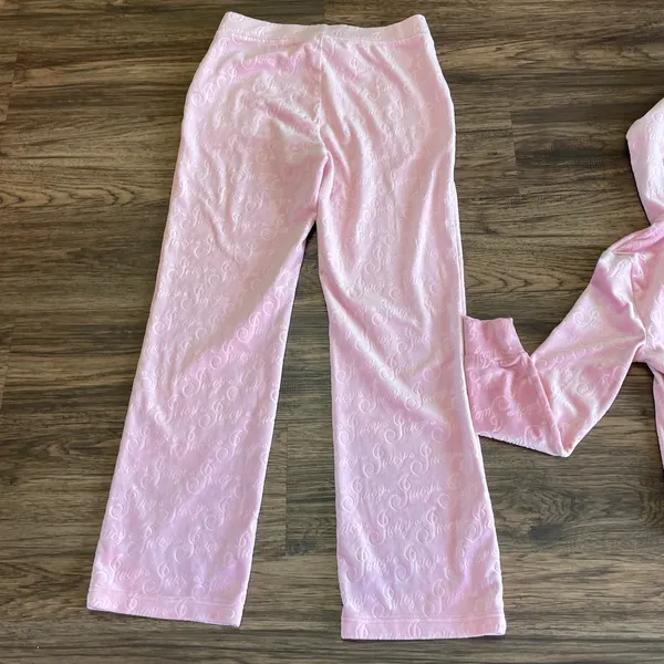 Juicy Couture Logo Embossed Pink Velour Tracksuit with Hoodie Top Small Bottom M - Image 14