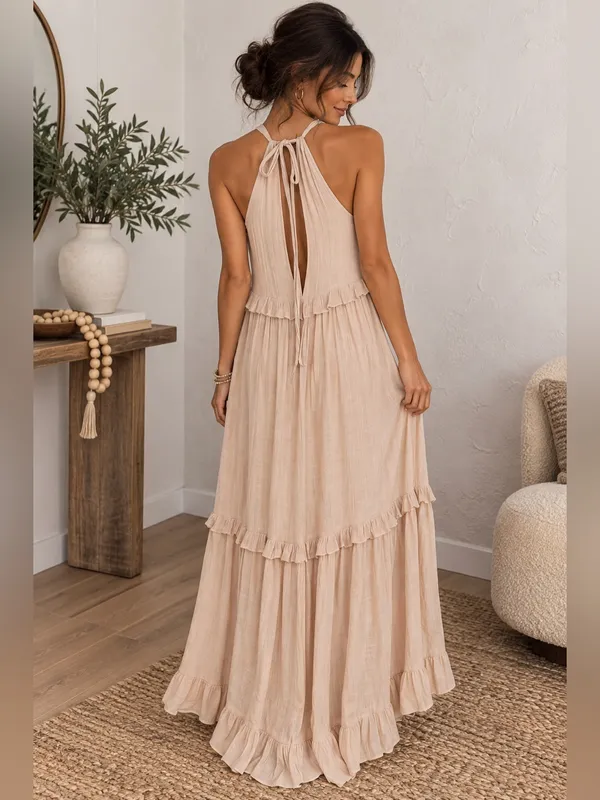 Listicle Size S Beige Ruffle Tiered Boho Maxi Dress Rayon Blend - Image 2