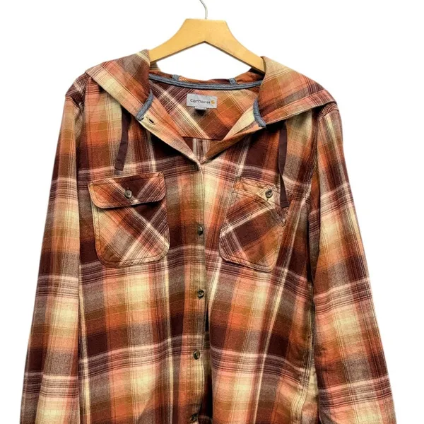 Carhartt Women's Hooded Flannel Shirt Brown Multi Plaid size XL (16/18) - Image 6