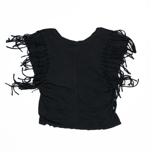 Free People Cotton Modal Ultra Soft Stretch Fringe Tassel Detail Black Tee Shirt - Image 4