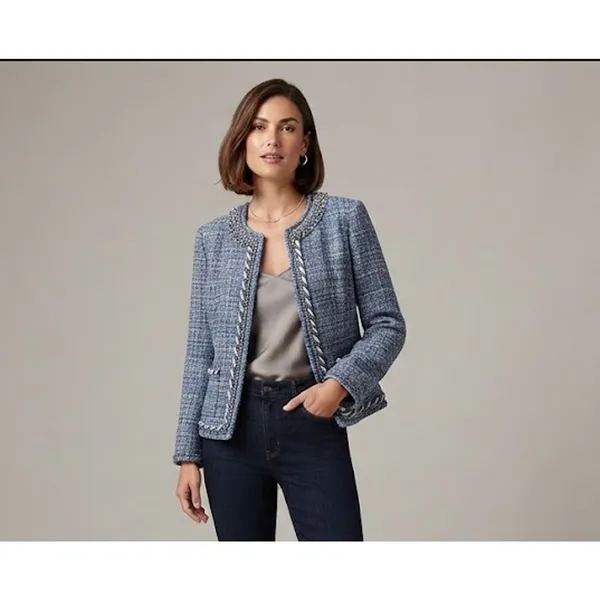 Boston Proper Blue Tweed Jacket Blazer Size 8 Bead Accents Rope Trim - Image 5
