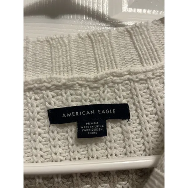 American Eagle White and Beige Striped Sweater Med but Oversized‎ w/large pocket - Image 5
