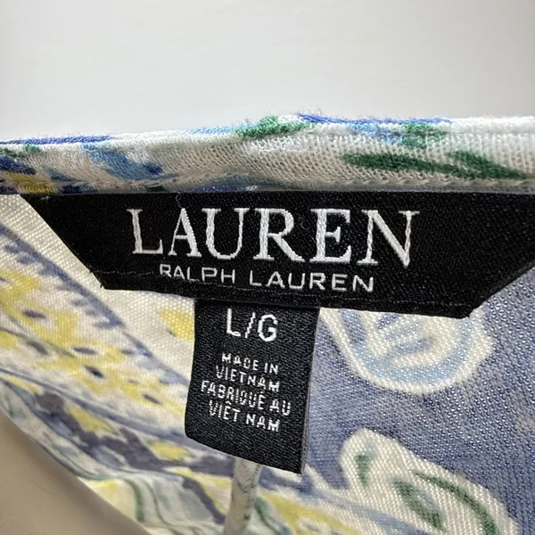 Ralph Lauren‎ Paisley A-Line Midi Dress Size L Blue White Linen Viscose Jersey - Image 8