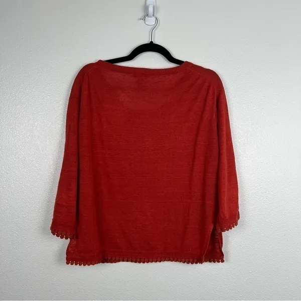 J Crew Linen Sweater With‎ Pom Pom Trim Red Sz XS - Image 7