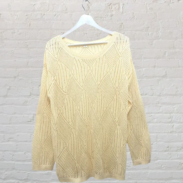 Cream Open Weave Crochet Oversized Slouchy Knit Sweater S - Image 2