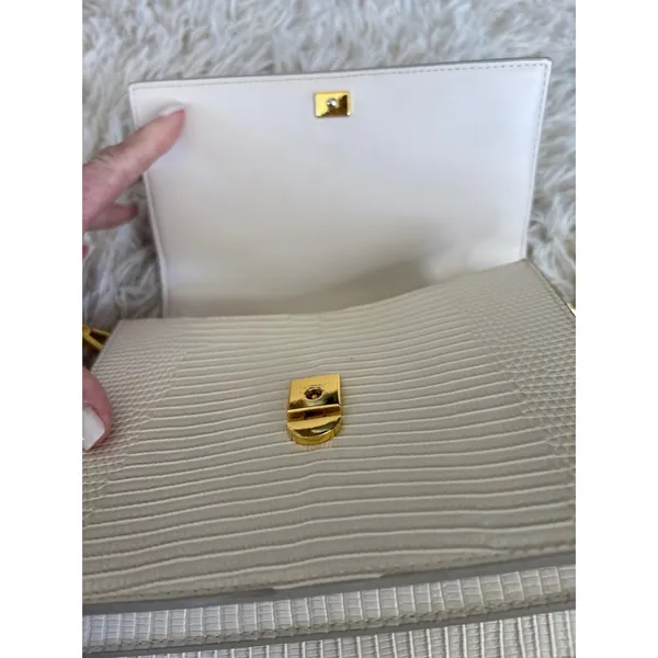 JW PEI Cream Lizard Embossed Leather‎ Flap Shoulder Crossbody Bag Gold Hardware - Image 7