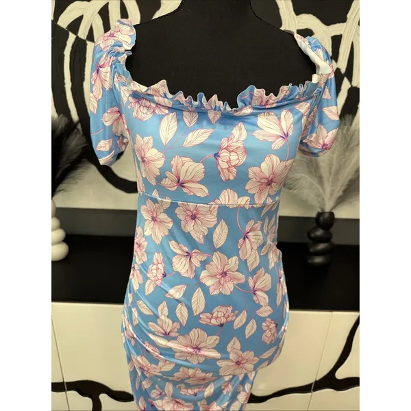 Boohoo Maternity Blue Pink Floral Off Shoulder Ruched Midi Dress Size 8 NWT - Image 2