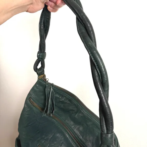 Pallie Bags Phin Forest Green Leather Hobo Slouchy Purse Twisted Strap Tassel - Image 4