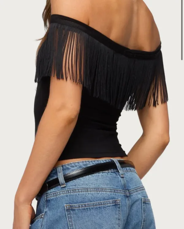 Edikted Catelina Fringe Off Shoulder Top - Image 3