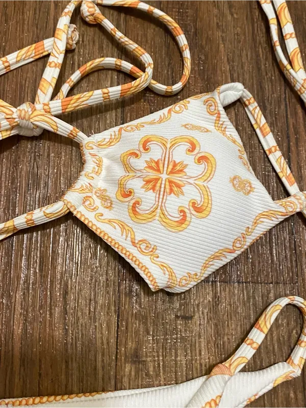 Zaful Juniors M Medium 2 Pc Bikini Swim Suit Baroque White Yellow Orange NWT New - Image 2