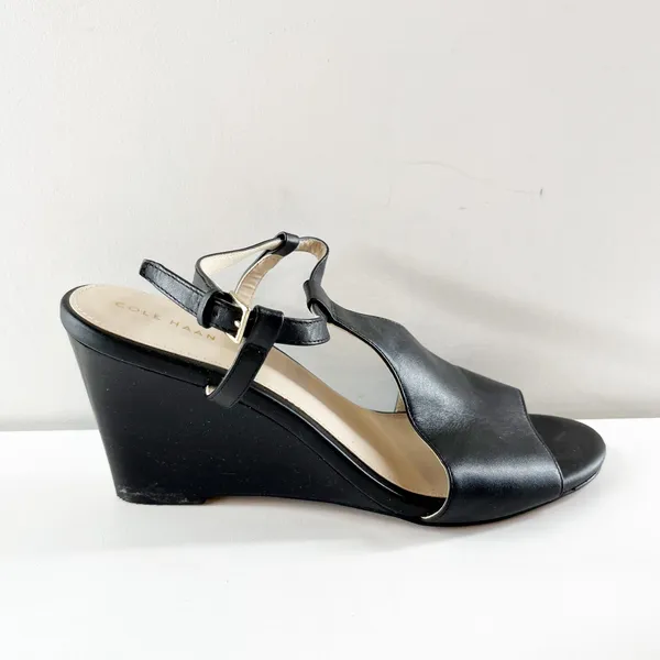 Cole Haan Maddie Open Toe Wedge Leather Shoes Sandals Black 9.5 - Image 2
