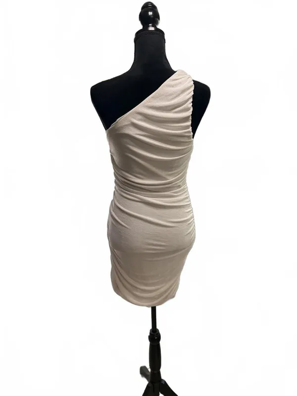 One Shoulder Ruched Bodycon Dress Champagne Beige Mini Cocktail Party Sz Large - Image 4