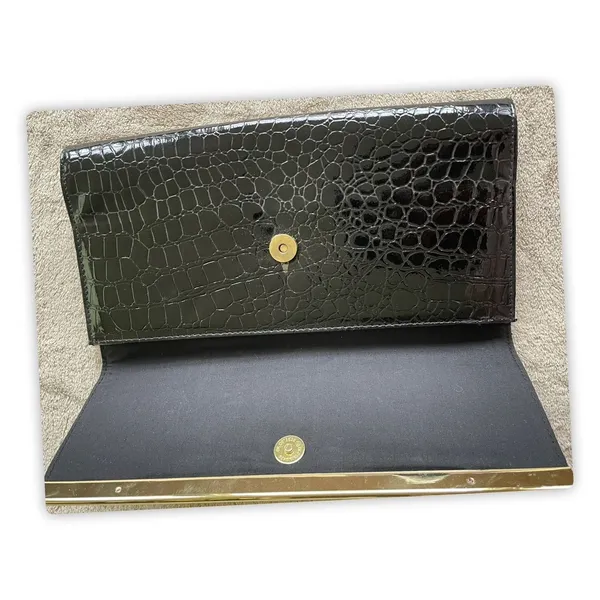 ALDO Black Faux Croc Clutch Wallet‎ Purse Envelope Gold Bar Snap Closure Large - Image 4