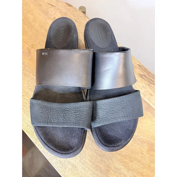 ECCO Black Leather Two Strap Comfort Slide Sandals EU 41 US Minimalist Scandi - Image 5