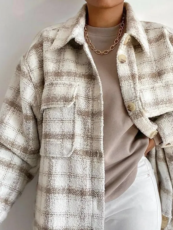 H&M Neutral Cream Tan Plaid Button Down Oversized Shacket Small - Image 2