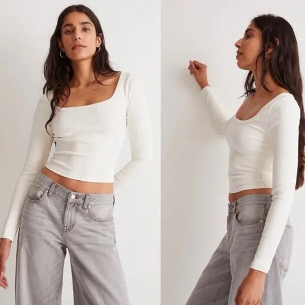 Square-Neck Long-Sleeve Crop Top Shirt Size XXS - Image 2