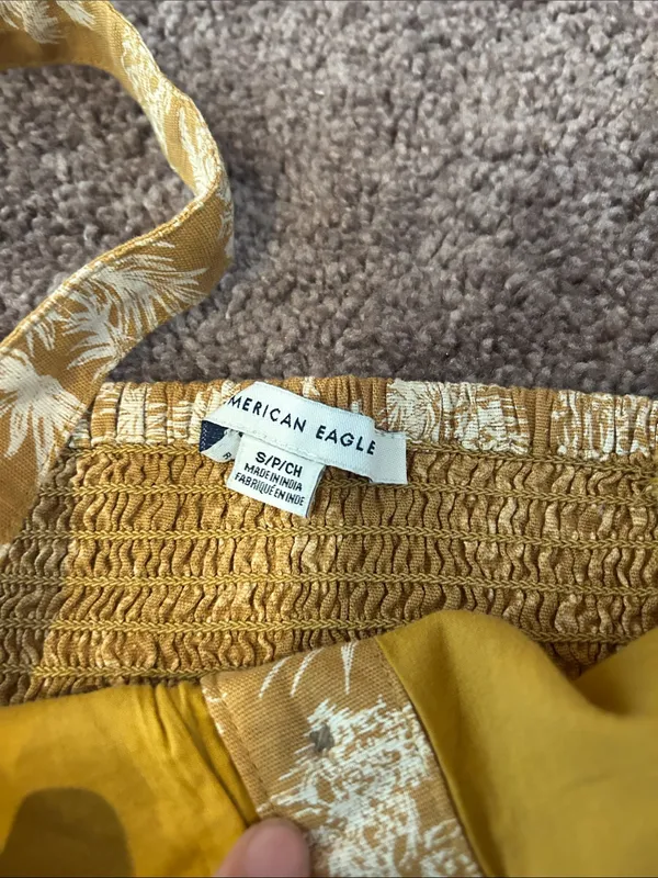 American Eagle mustard yellow palm leaf crop top & wide leg pants matching set - Image 5