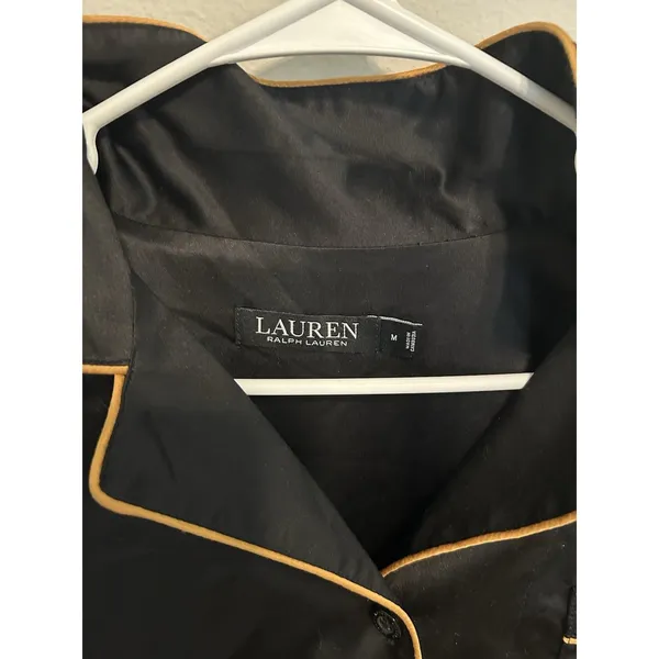Lauren Ralph Lauren Black Satin Pajama Top Size Medium Printed Pipe Top Preppy - Image 6