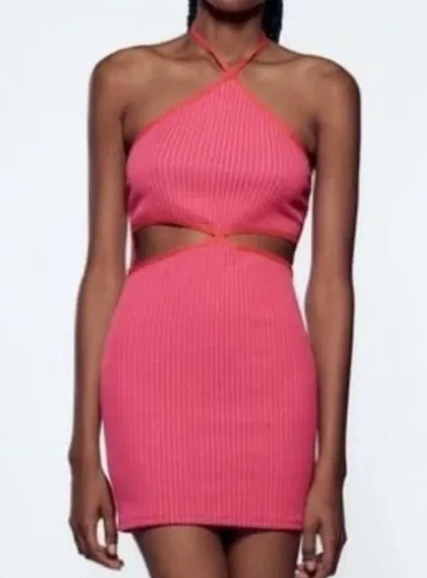 Zara Pink Ribbed Cut Out Mini Dress - Image 2