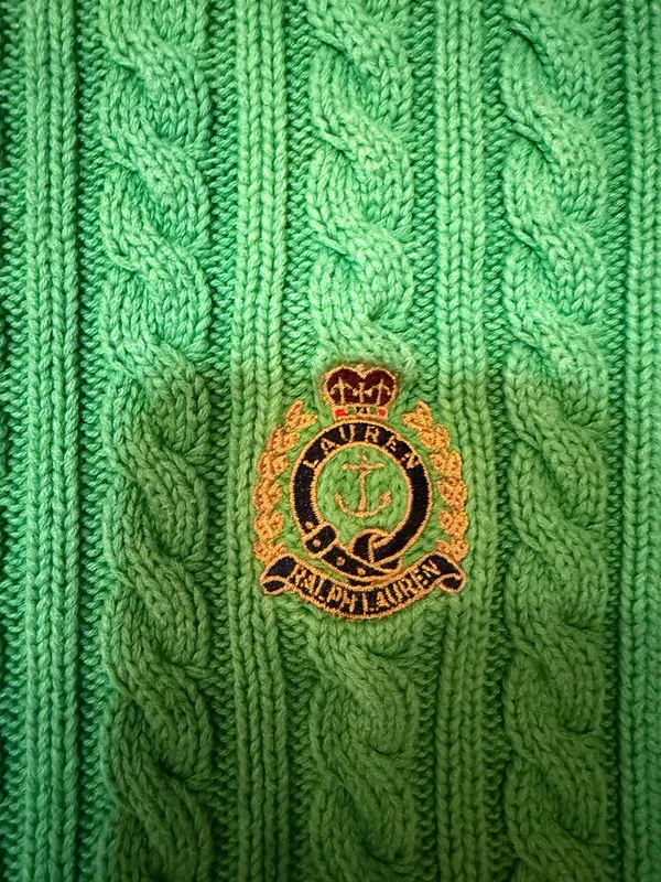 Lauren Ralph Lauren Green Cable Knit Crest Sweater 100% Cotton Size Small - Image 3