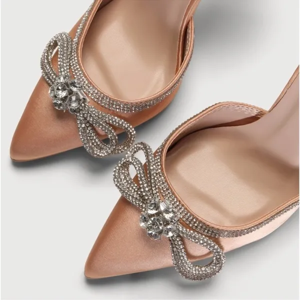 Lulus Lullie Rose Gold Satin Rhinestone Ankle Strap Pointed-Toe Pumps sz 8 - Image 3